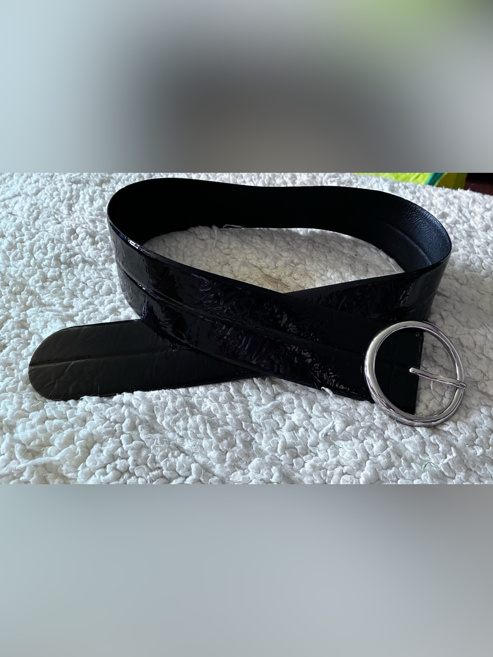 Banana Republic Black Patent Leather Belt with Silver Round Buckle